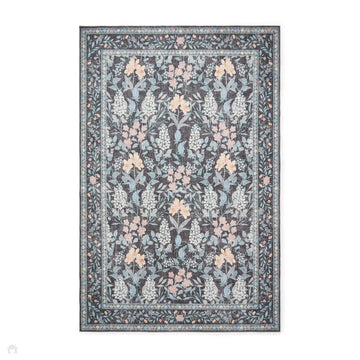 Washable Versailles H1425 Traditional Floral Border Distressed Soft Digitally Printed Lightweight Textured Polyester Flatweave Deep Dark Navy Blue Rug-Think Rugs-Rug Love - The Most Loved Rug Store